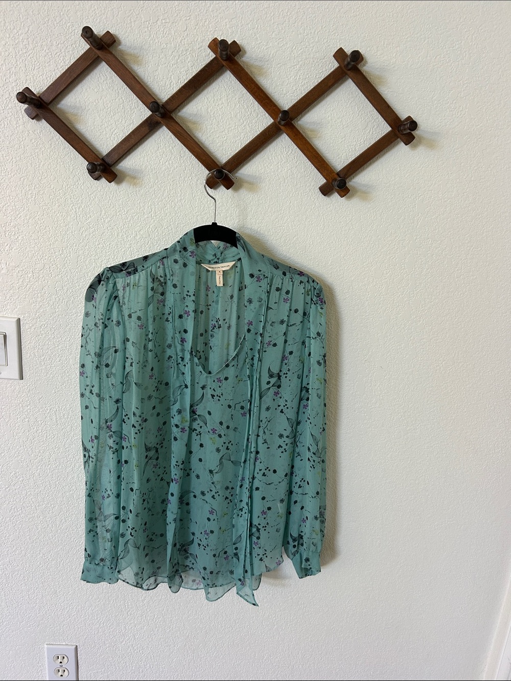 Rebecca Taylor Teal Floral Tie-Neck Blouse